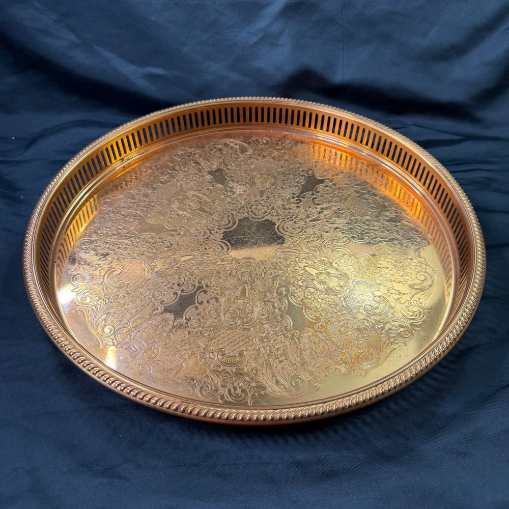 Vintage Coppercraft Guild Round Copper Gallery Tray Embossed Floral 15 Inch